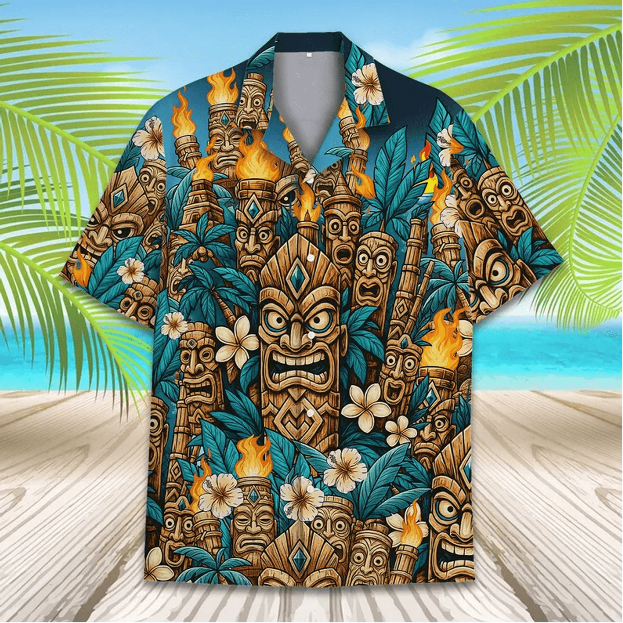 Colorful Tiki Tropical Hawaiian Shirt Tiki Torch Aloha Shirt Summer Beach Button Down for Men Women Youth