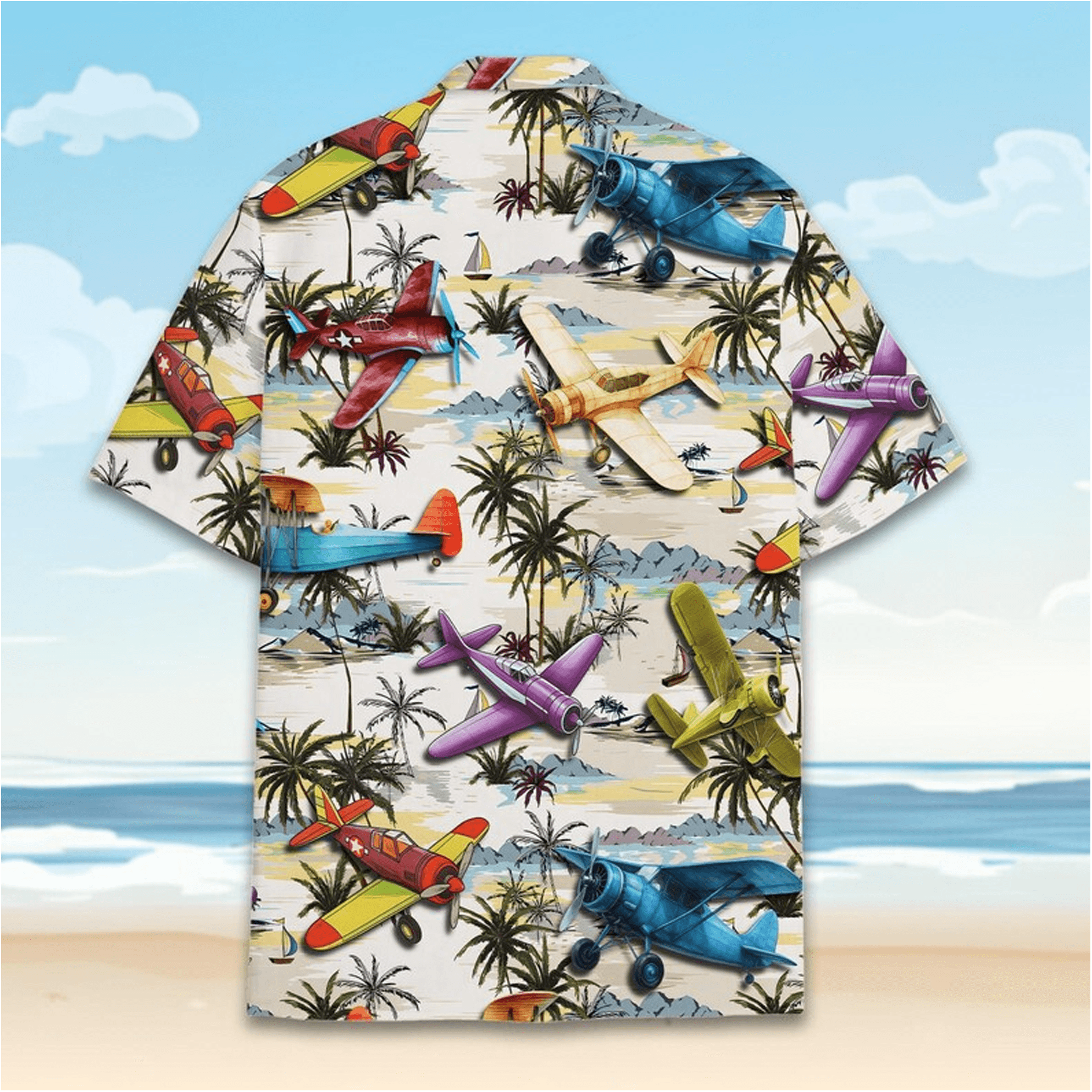 Vintage Airplane Hawaiian Shirt  Retro Propeller Plane Aloha Shirt Tropical Island Palm Tree Button Up