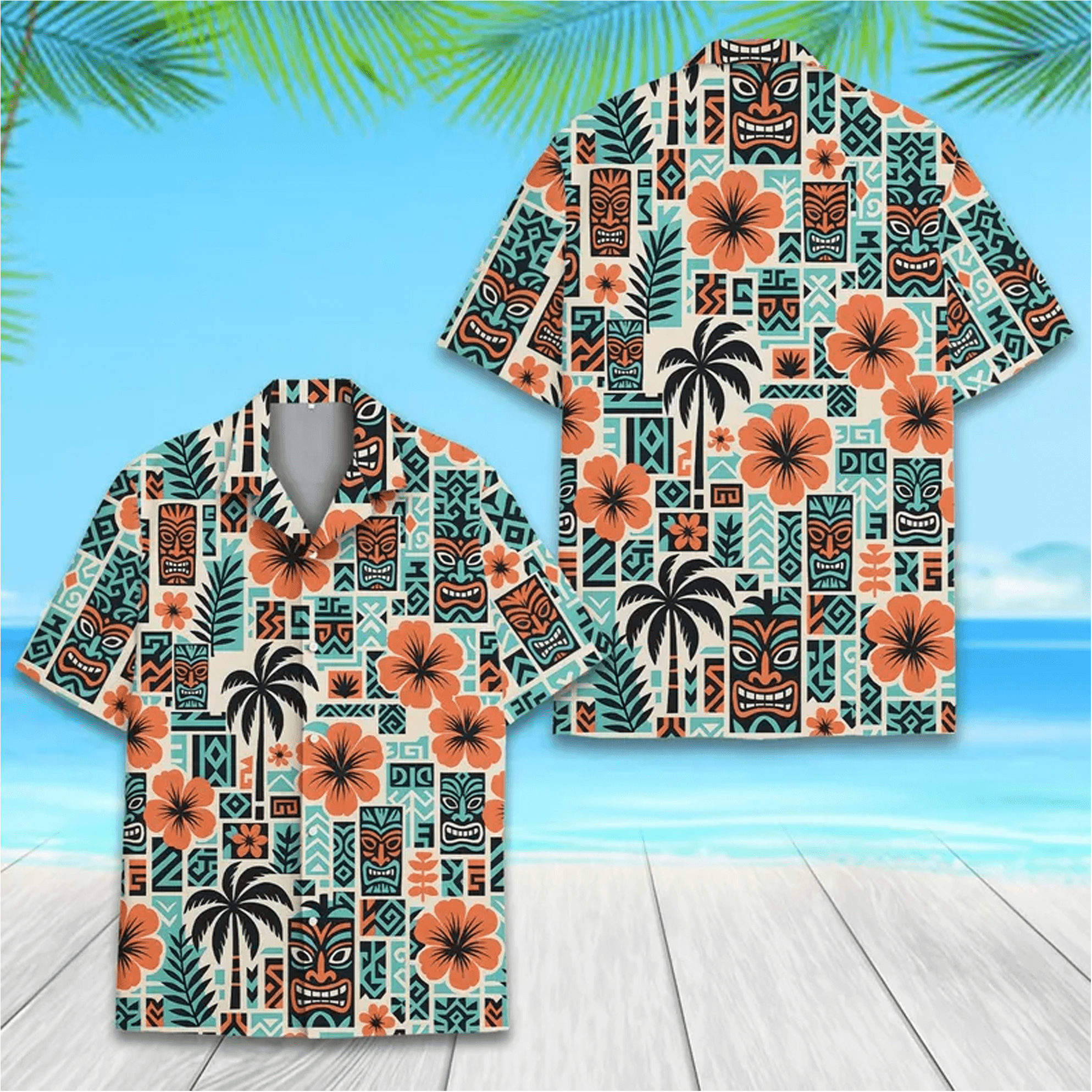 Retro Tiki Hawaiian Shirt  Vintage Tribal Island Aloha Shirt Tiki Face Hibiscus Button Down