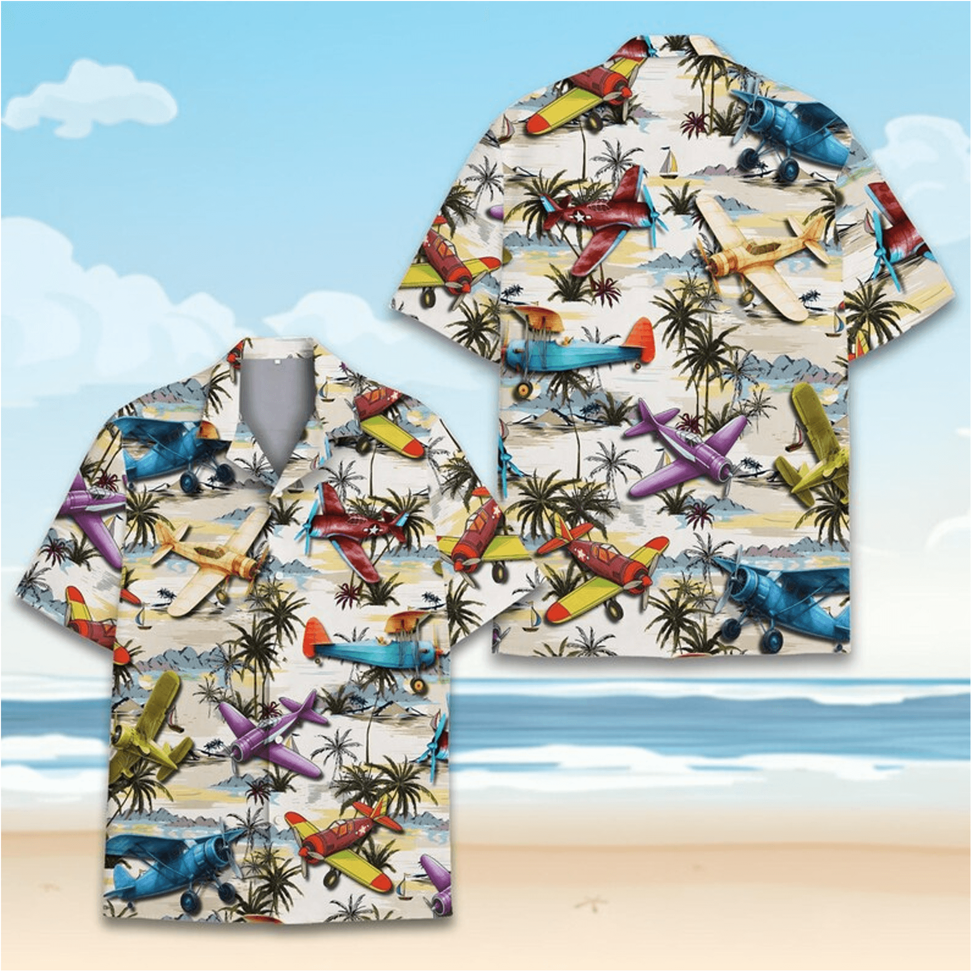 Vintage Airplane Hawaiian Shirt  Retro Propeller Plane Aloha Shirt Tropical Island Palm Tree Button Up