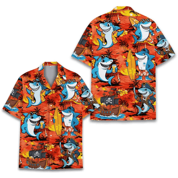 Surfing Shark Hawaiian Shirt  Funny Pirate Shark Aloha Shirt Beach Vacation Button Up for Men Women Youth