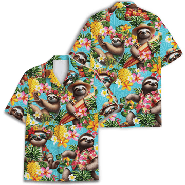 Pineapple Sloth Hawaiian Shirt  Funny Tropical Aloha Summer Button Down Short Sleeve Casual Shirt