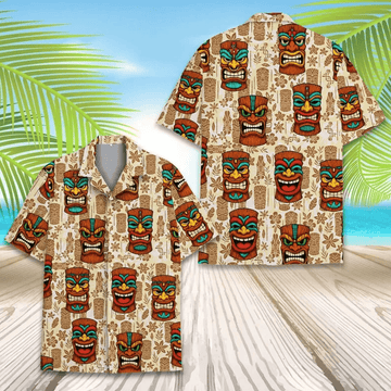 Tiki Mask Hawaiian Shirt  Aloha Beach Vacation Shirt for Men Women Youth Tropical Button Down