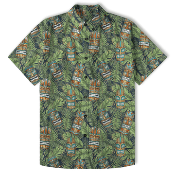 Surfing Tiki Mask Hawaiian Shirt  Aloha Flamingo Pattern Shirt Tropical Beach Button Down for Men