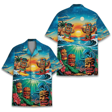 Tiki Surfing Hawaiian Shirt  Tropical Octopus Aloha Shirt Summer Beach Party Button Down for Men Women Youth