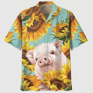 Funny Cartoon Pig Hawaiian Shirt  3D Animal Aloha Button Down Summer Beach Outfit That Gets Laughs