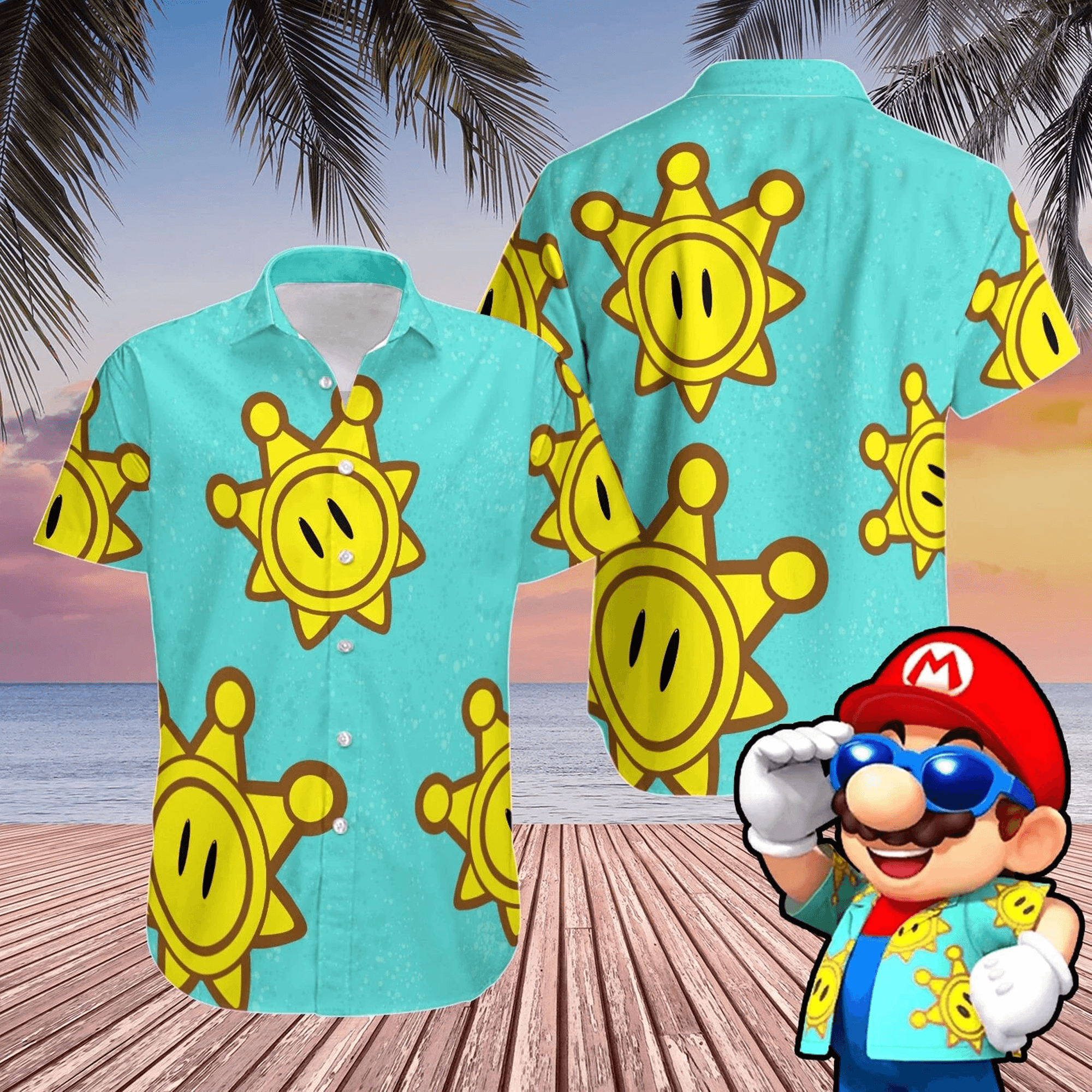 Sunshine Game Hawaiian Shirt  Cartoon Inspired Aloha Button Down Tropical Beach Outfit for Gamers
