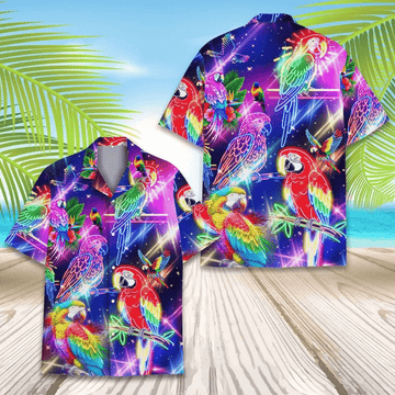 Neon Parrot Hawaiian Shirt  Psychedelic Tropical Bird Aloha Button Down Festival Rave Outfit That Stands Out