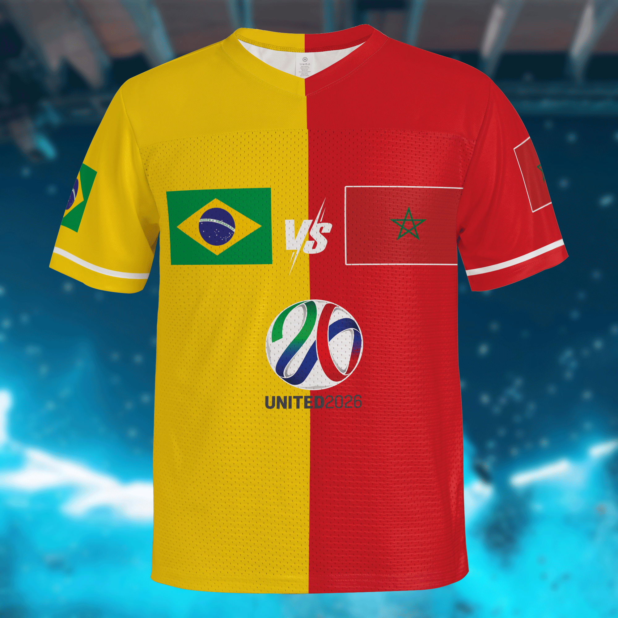 World Cup Style Jersey, Split Yellow Red Mesh, Personalized Gift