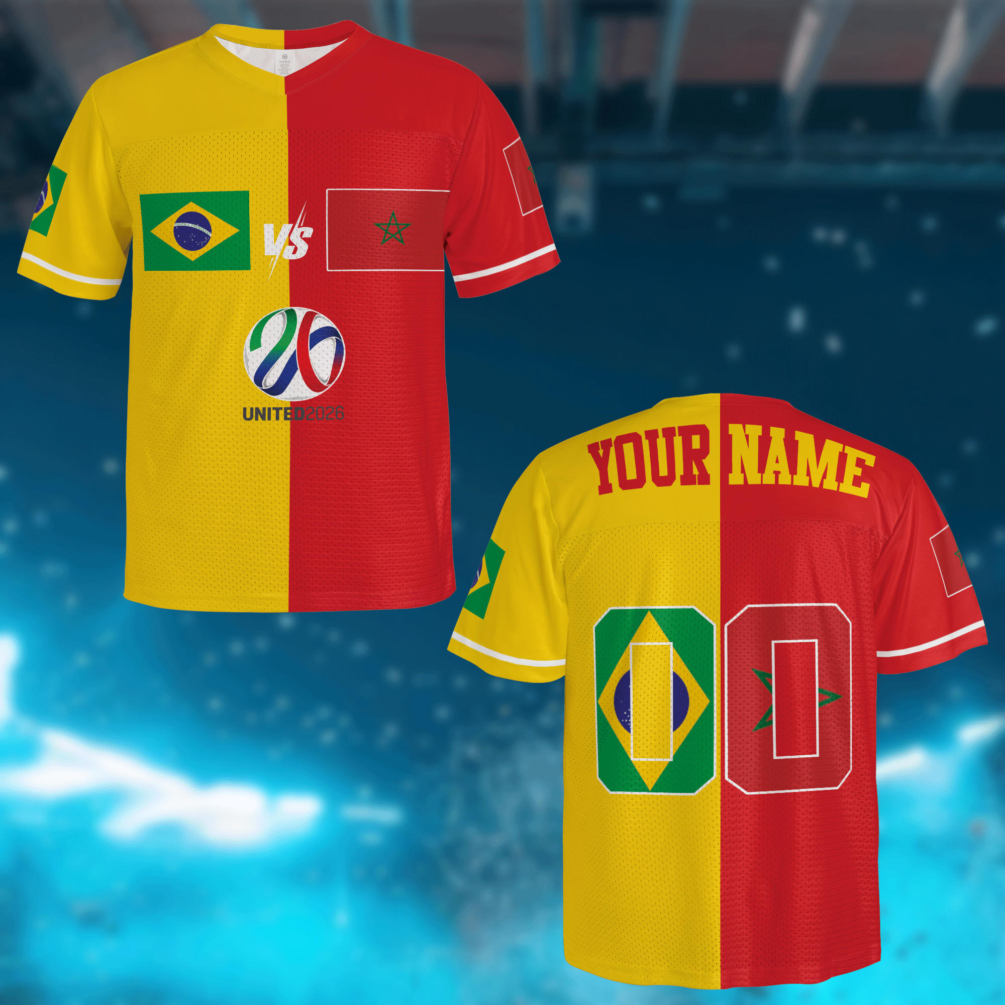 World Cup Style Jersey, Split Yellow Red Mesh, Personalized Gift