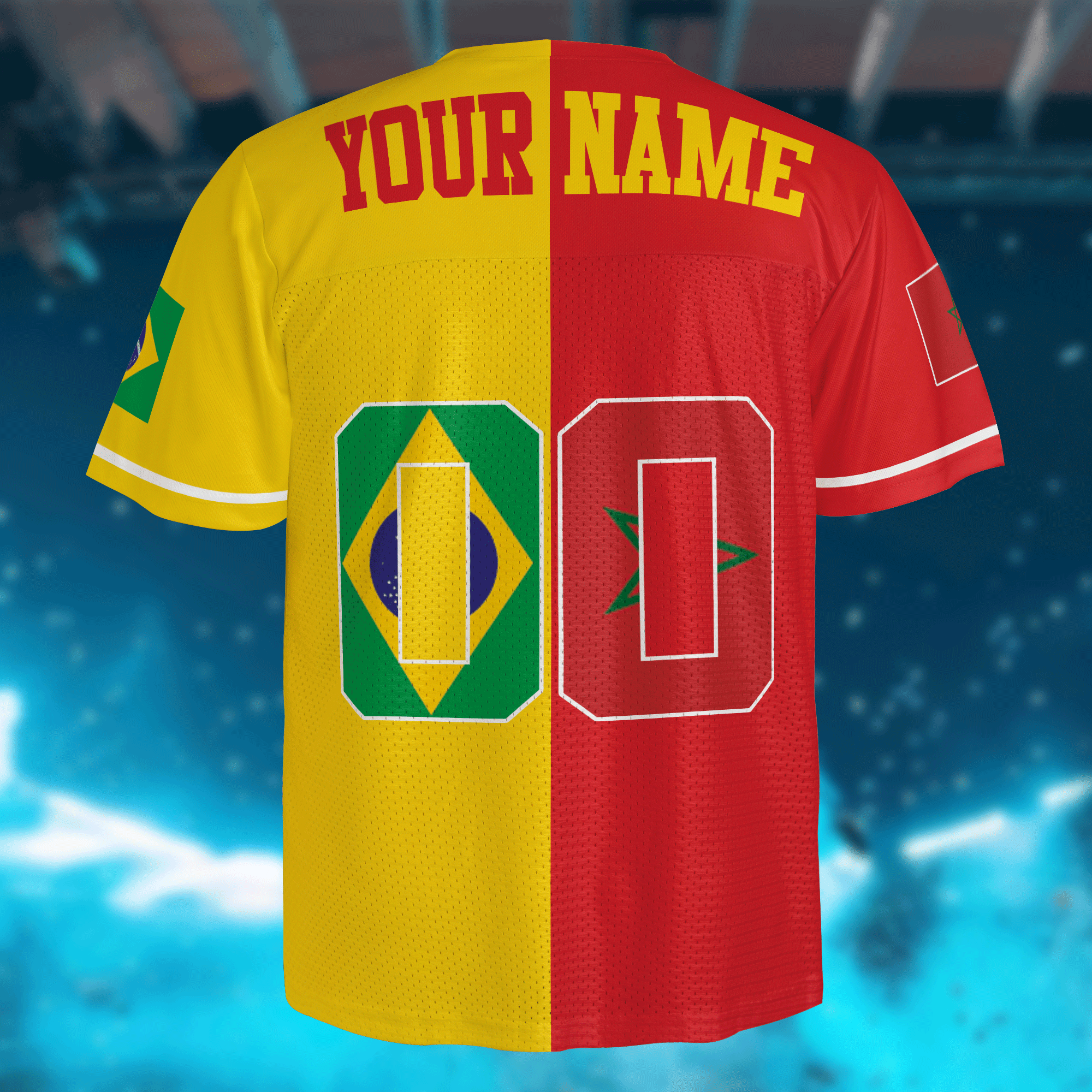 World Cup Style Jersey, Split Yellow Red Mesh, Personalized Gift
