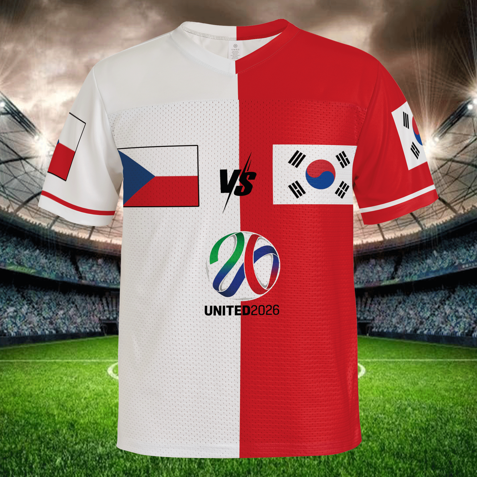 World Tournament 2026 Split Football Jersey, Red White Mesh Shirt, Custom Name Number, International Soccer Fan Gear