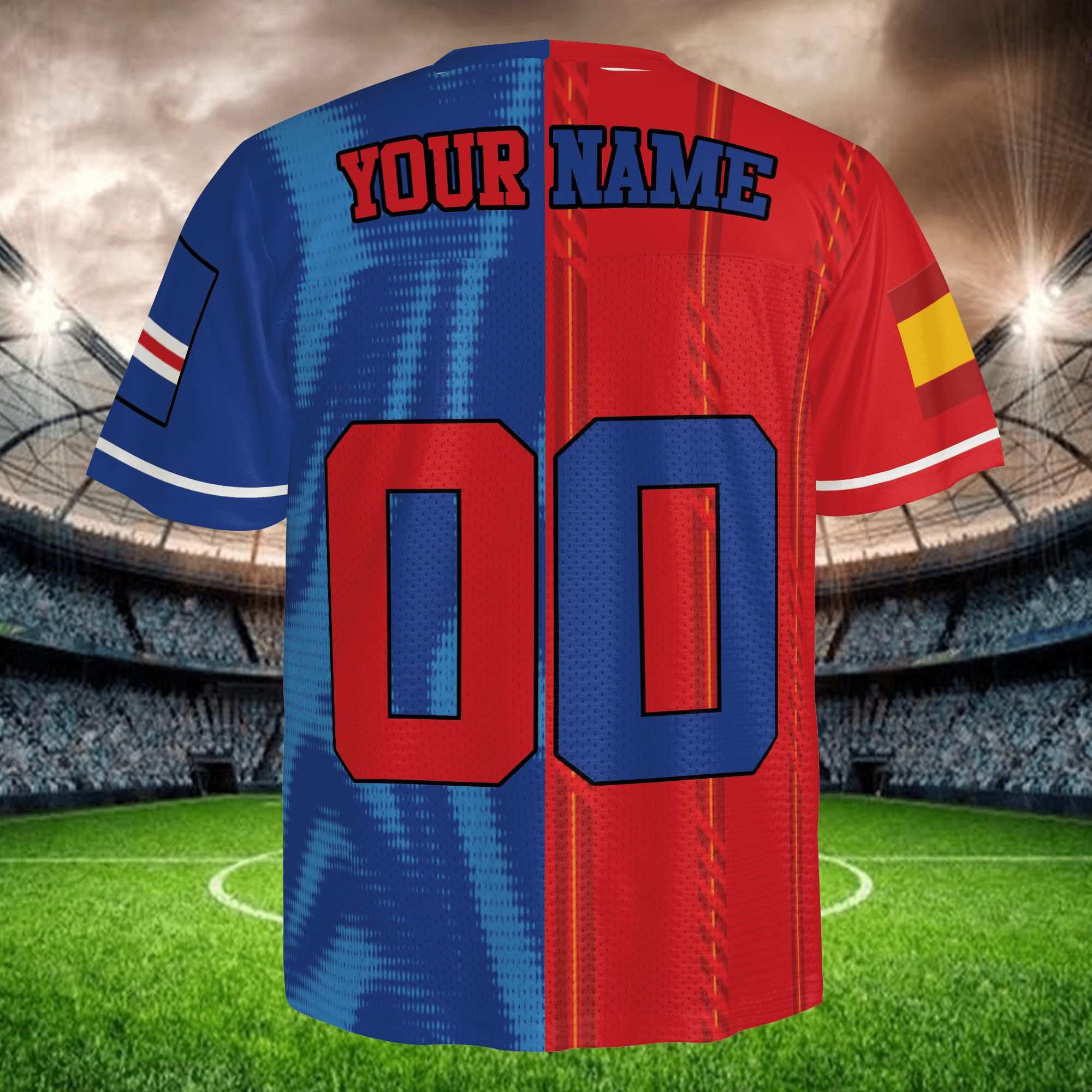 International Match Split Soccer Jersey, Blue Red Mesh Shirt, Personalized Name Number, Global Football Fan Apparel