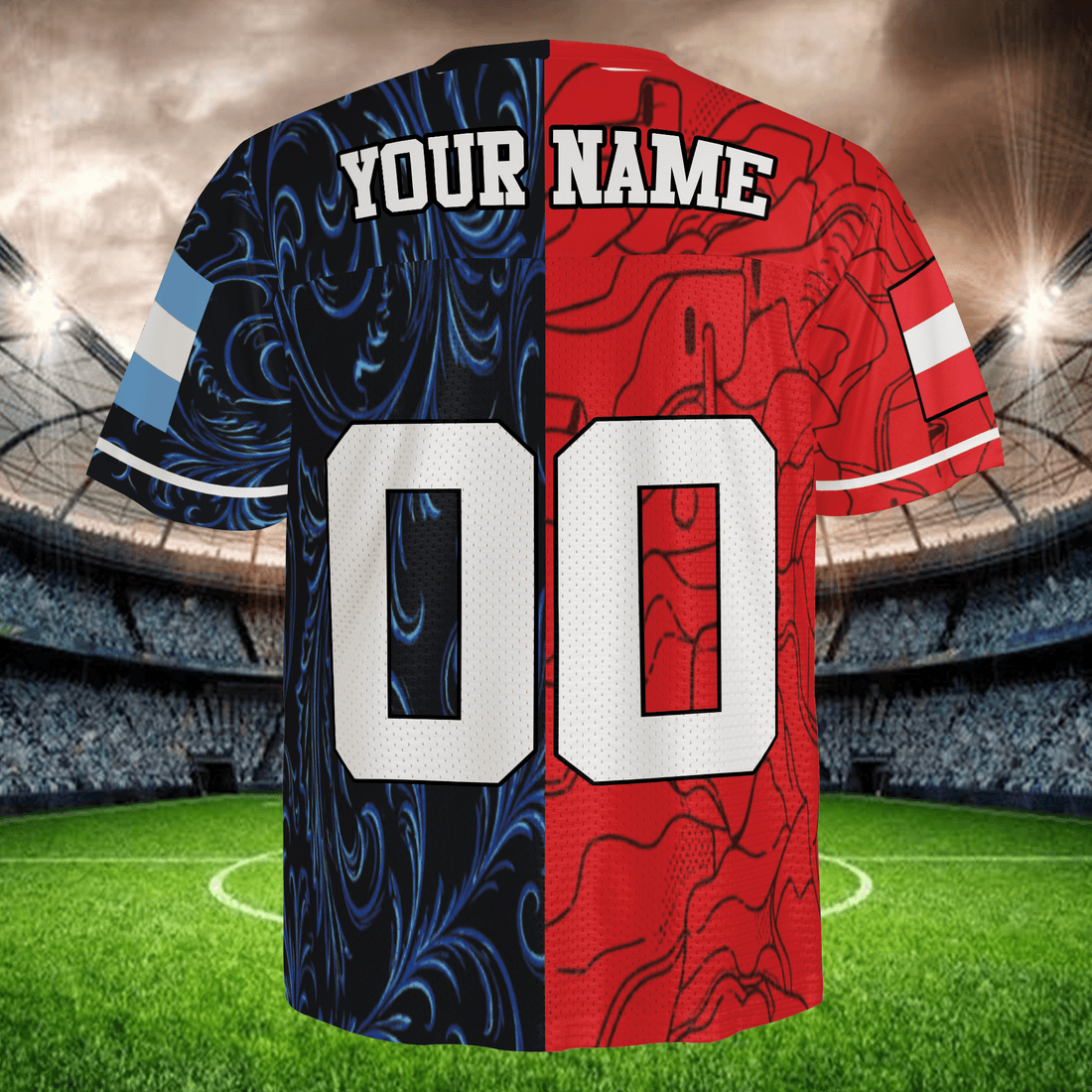 Blue Red Split Jersey with Swirl & Abstract Pattern, Custom Name Number Soccer Shirt