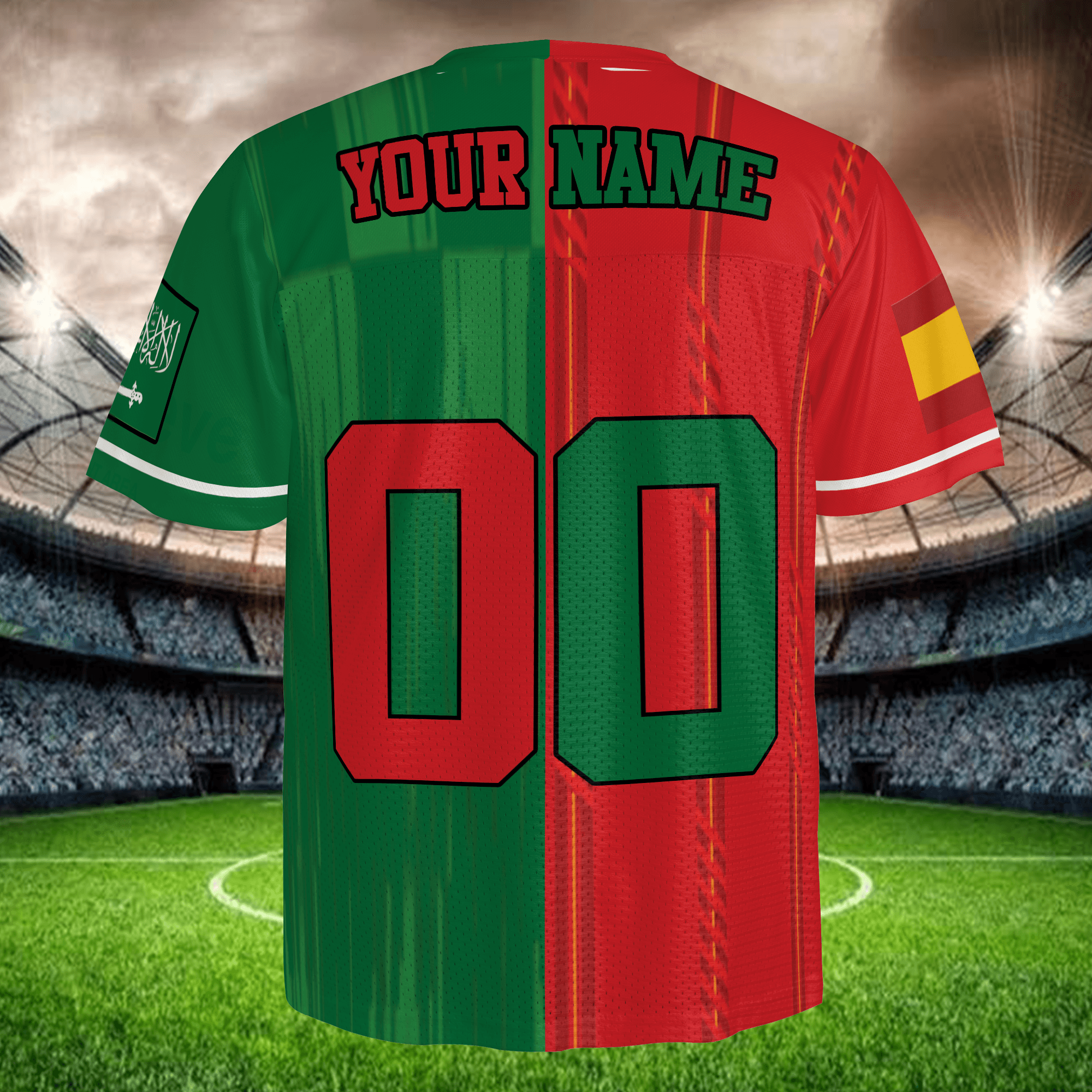International Match Split Soccer Jersey, Red Yellow Mesh Shirt, Personalized Name Number, Global Football Fan Apparel