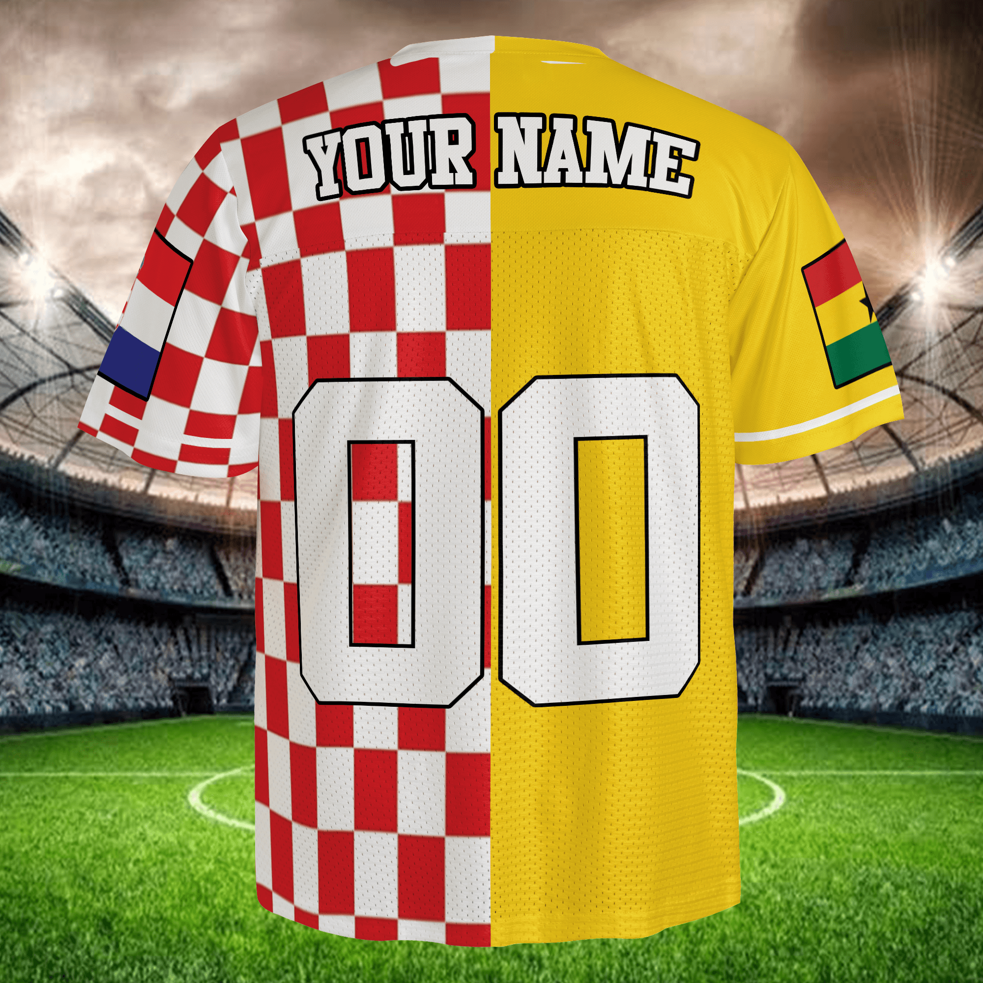 Split Color Football Jersey Red Checker Yellow, Personalized Name Number Soccer Apparel