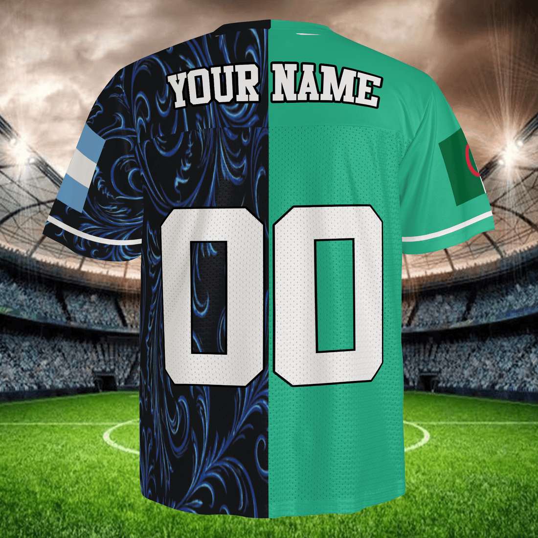 Black Green Split Soccer Jersey, Custom Name Number Football Shirt, Two Tone Fan Apparel
