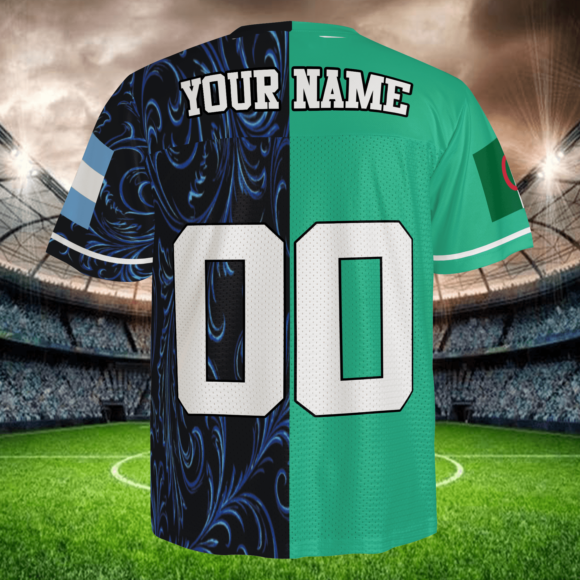 Black Green Split Soccer Jersey, Custom Name Number Football Shirt, Two Tone Fan Apparel