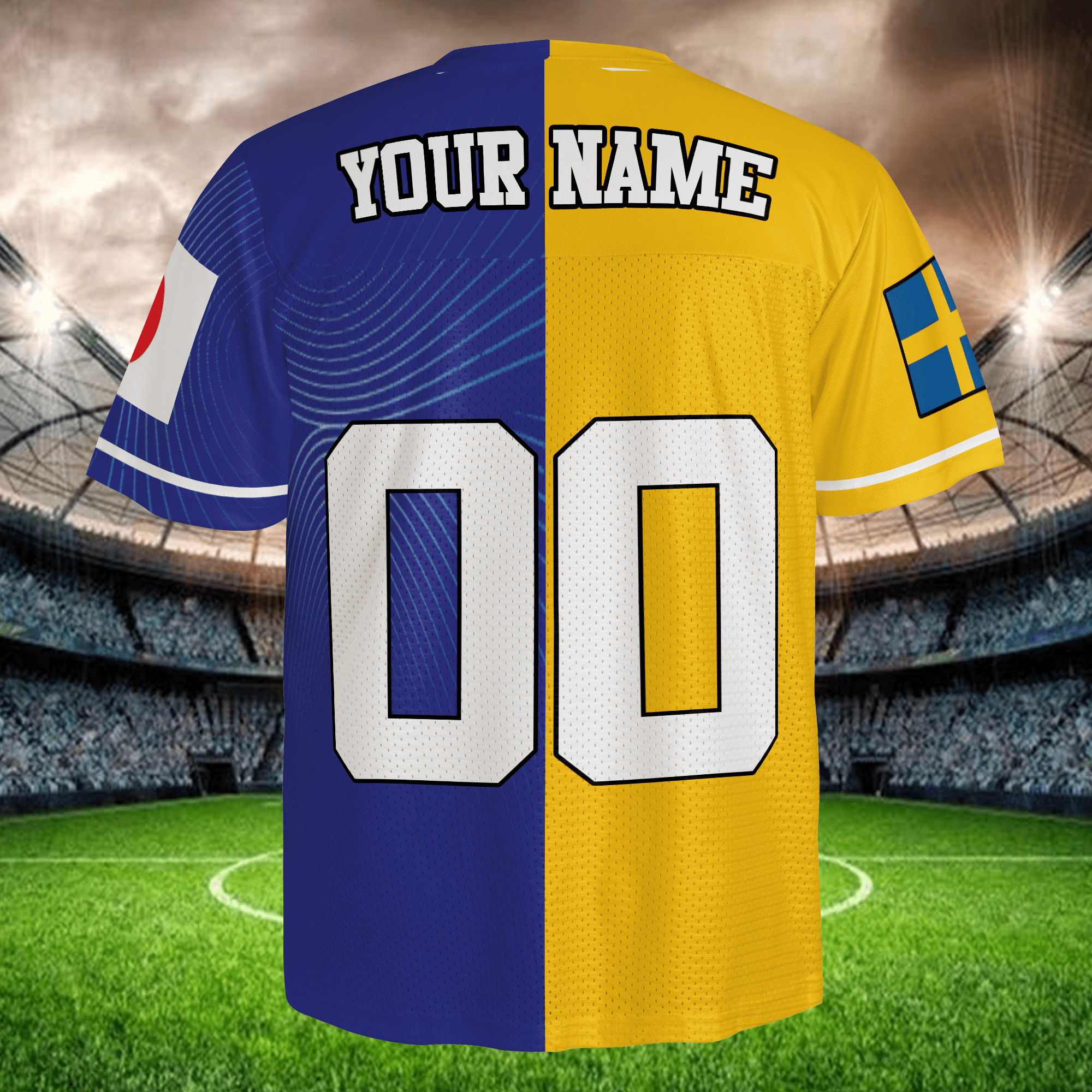 Split Color Soccer Jersey Navy Blue Yellow, Custom Name Number Football Apparel
