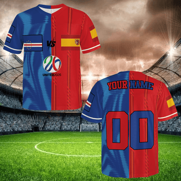 International Match Split Soccer Jersey, Blue Red Mesh Shirt, Personalized Name Number, Global Football Fan Apparel