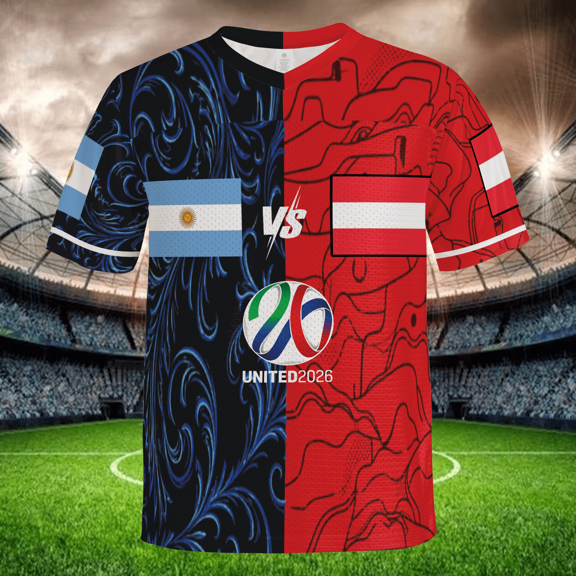 Blue Red Split Jersey with Swirl & Abstract Pattern, Custom Name Number Soccer Shirt
