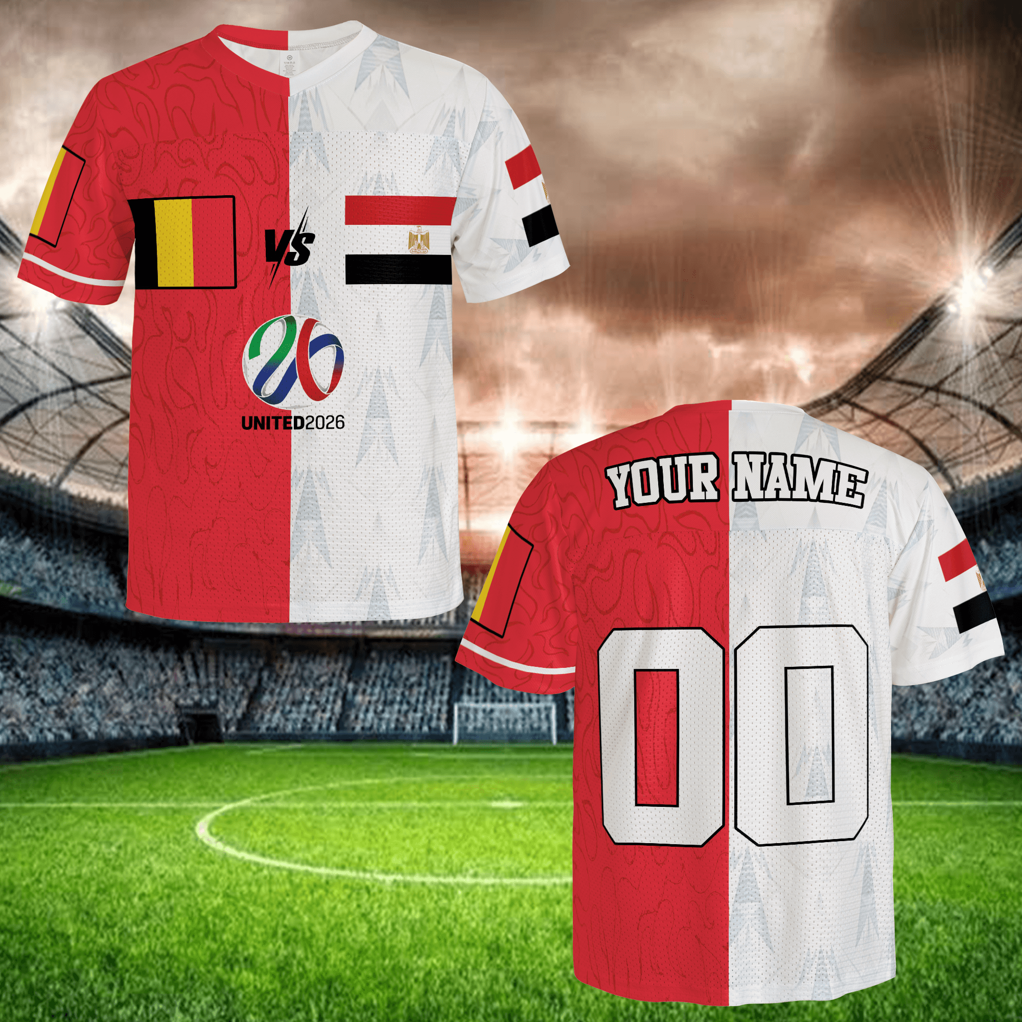 Red White Split Football Jersey, Personalized Name Number Soccer Shirt, Fan Gift