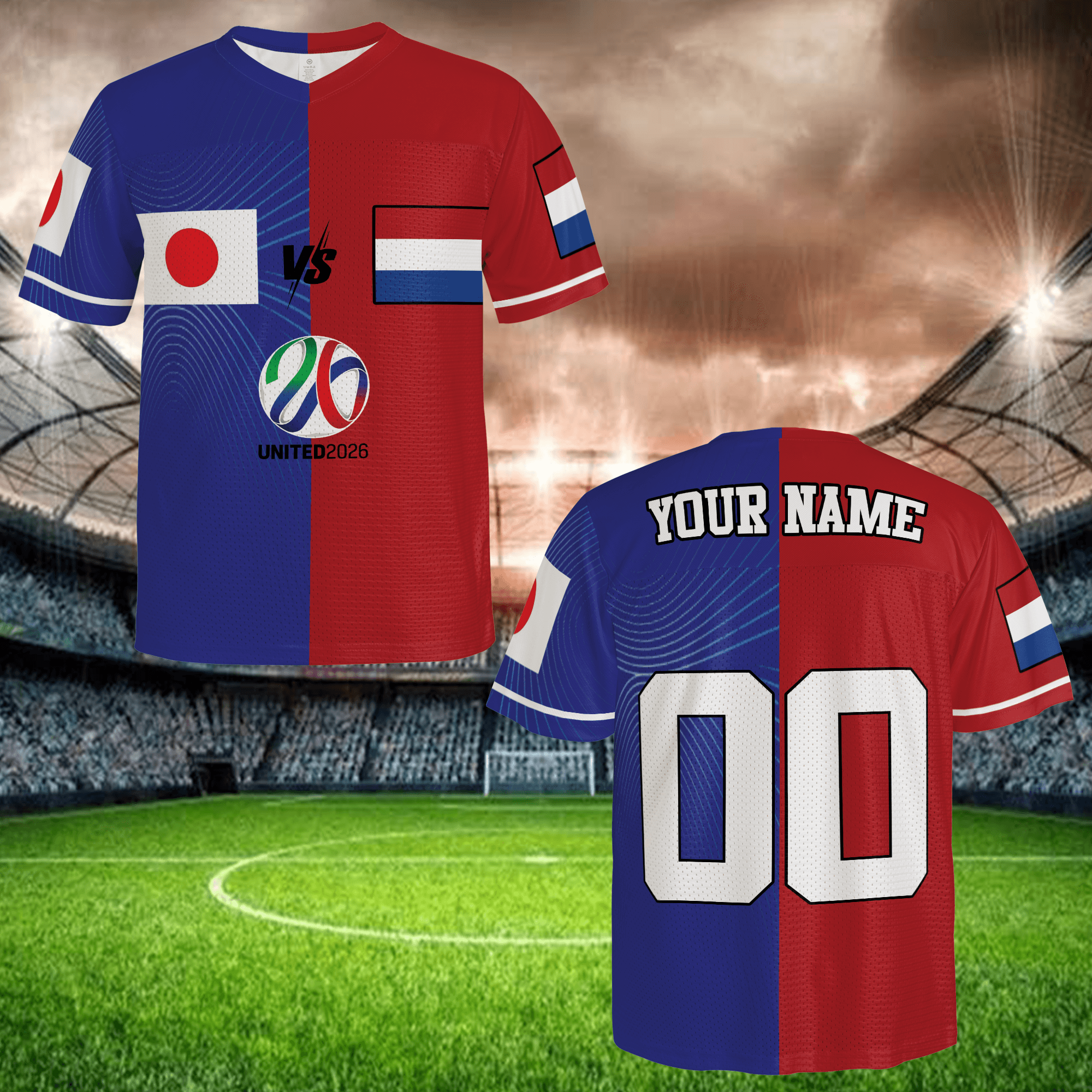 Blue Red Split Football Jersey, Custom Name Number Soccer Shirt, Personalized Fan Gift