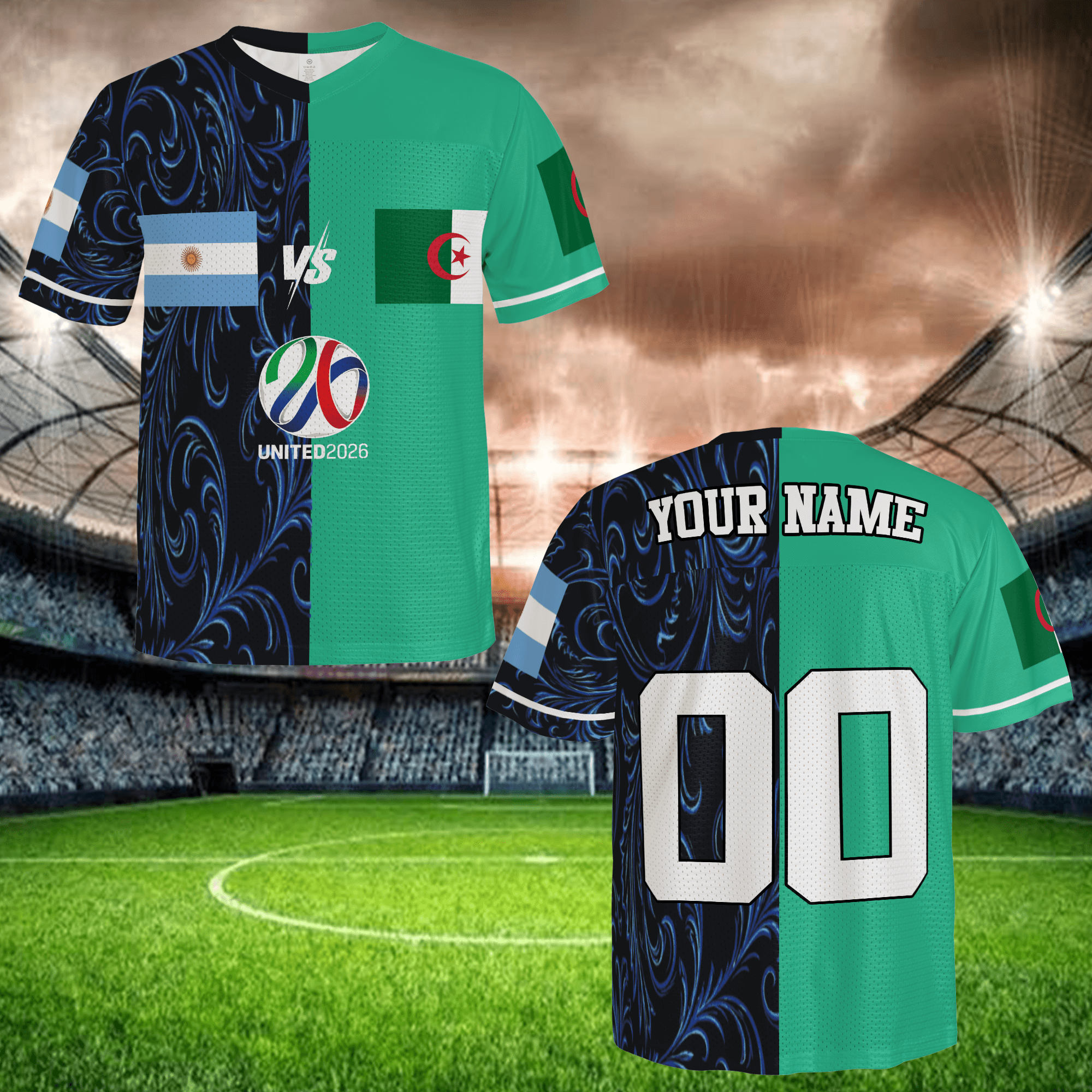 Black Green Split Soccer Jersey, Custom Name Number Football Shirt, Two Tone Fan Apparel