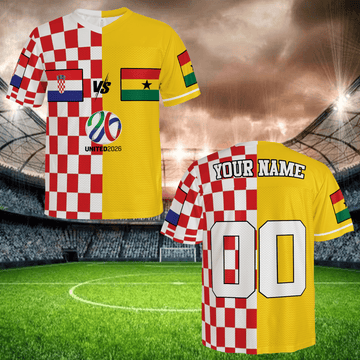 Split Color Football Jersey Red Checker Yellow, Personalized Name Number Soccer Apparel