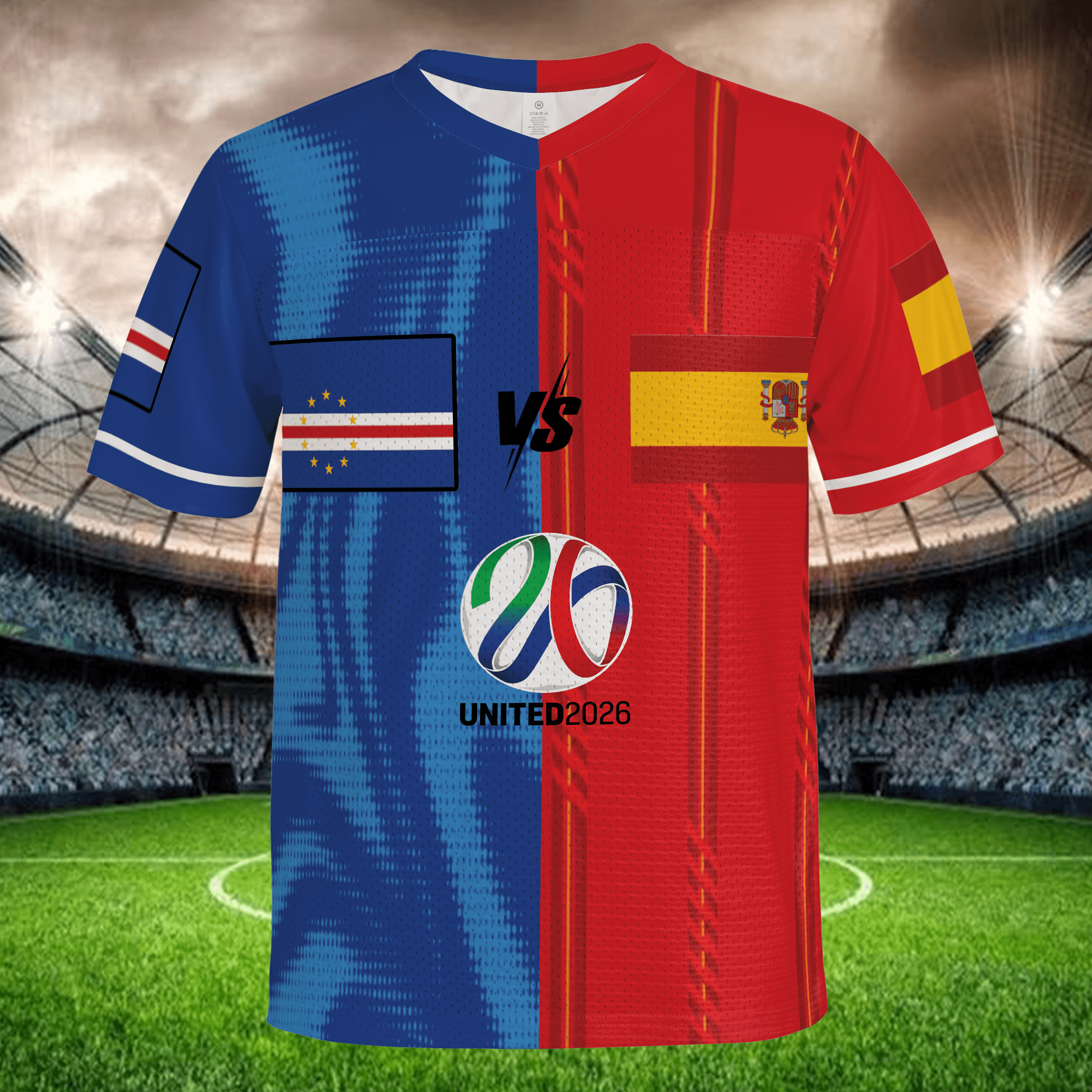 International Match Split Soccer Jersey, Blue Red Mesh Shirt, Personalized Name Number, Global Football Fan Apparel