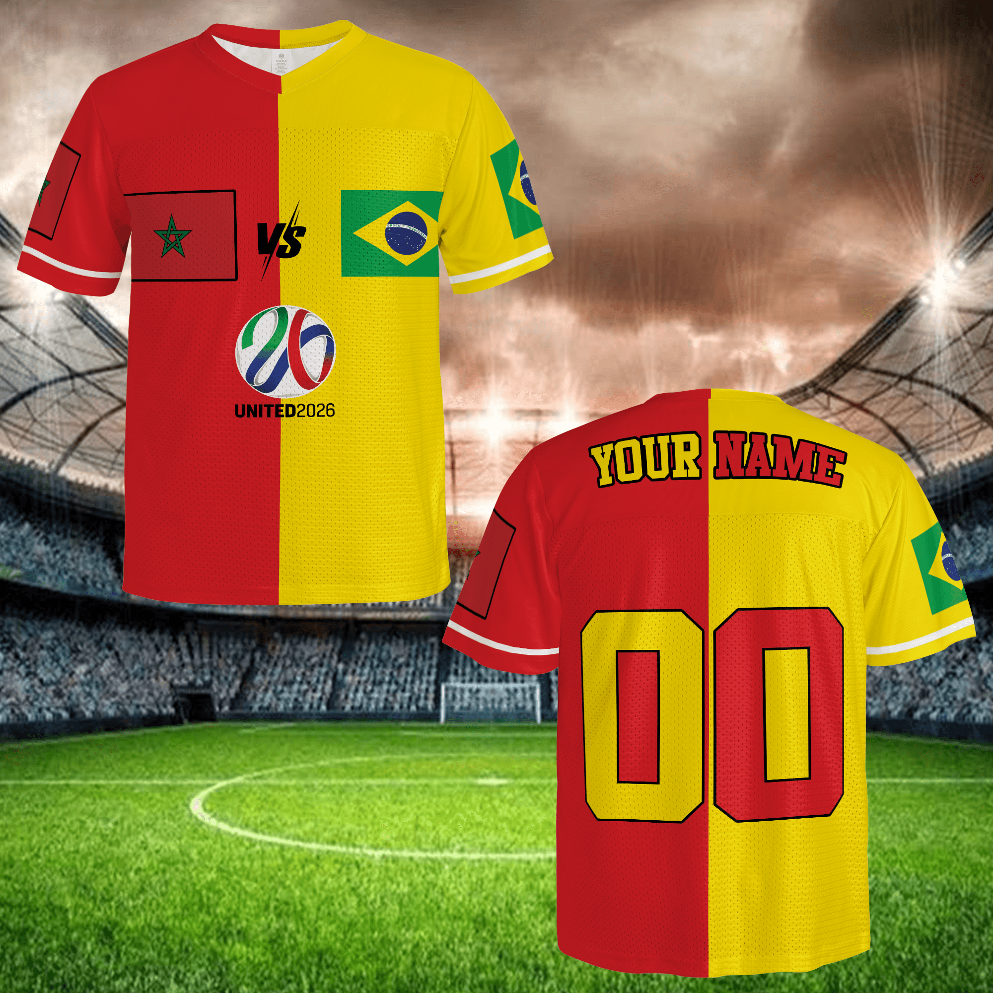 Personalized Name Number Premium Red Yellow Split Football Jersey, Global Fan Edition