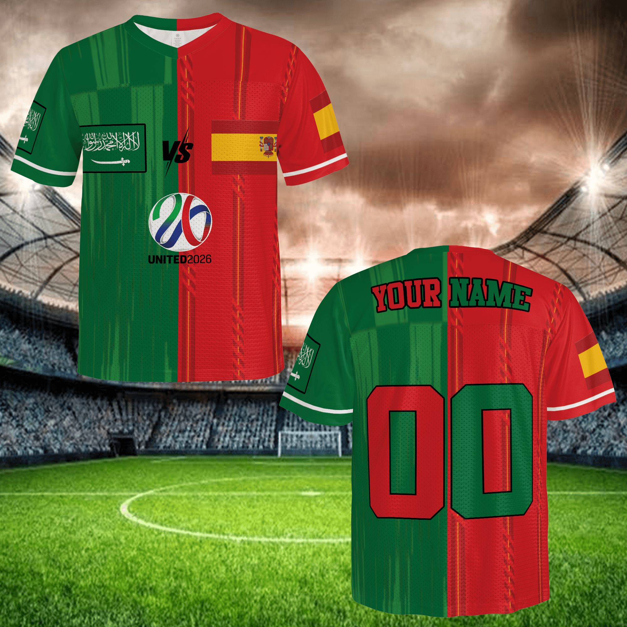 International Match Split Soccer Jersey, Red Yellow Mesh Shirt, Personalized Name Number, Global Football Fan Apparel