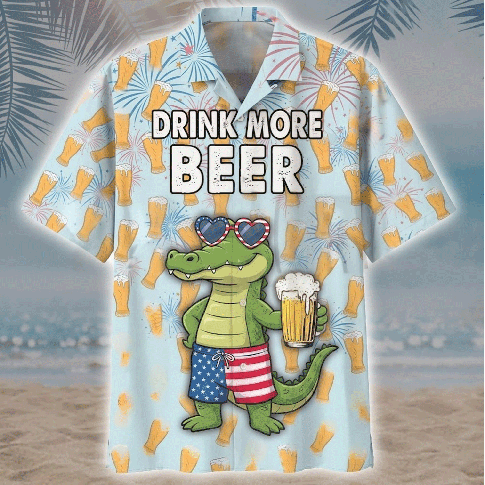 Drink More Beer Alligator Hawaiian Shirt  Funny 4th of July Aloha Button Down That Gets Laughs