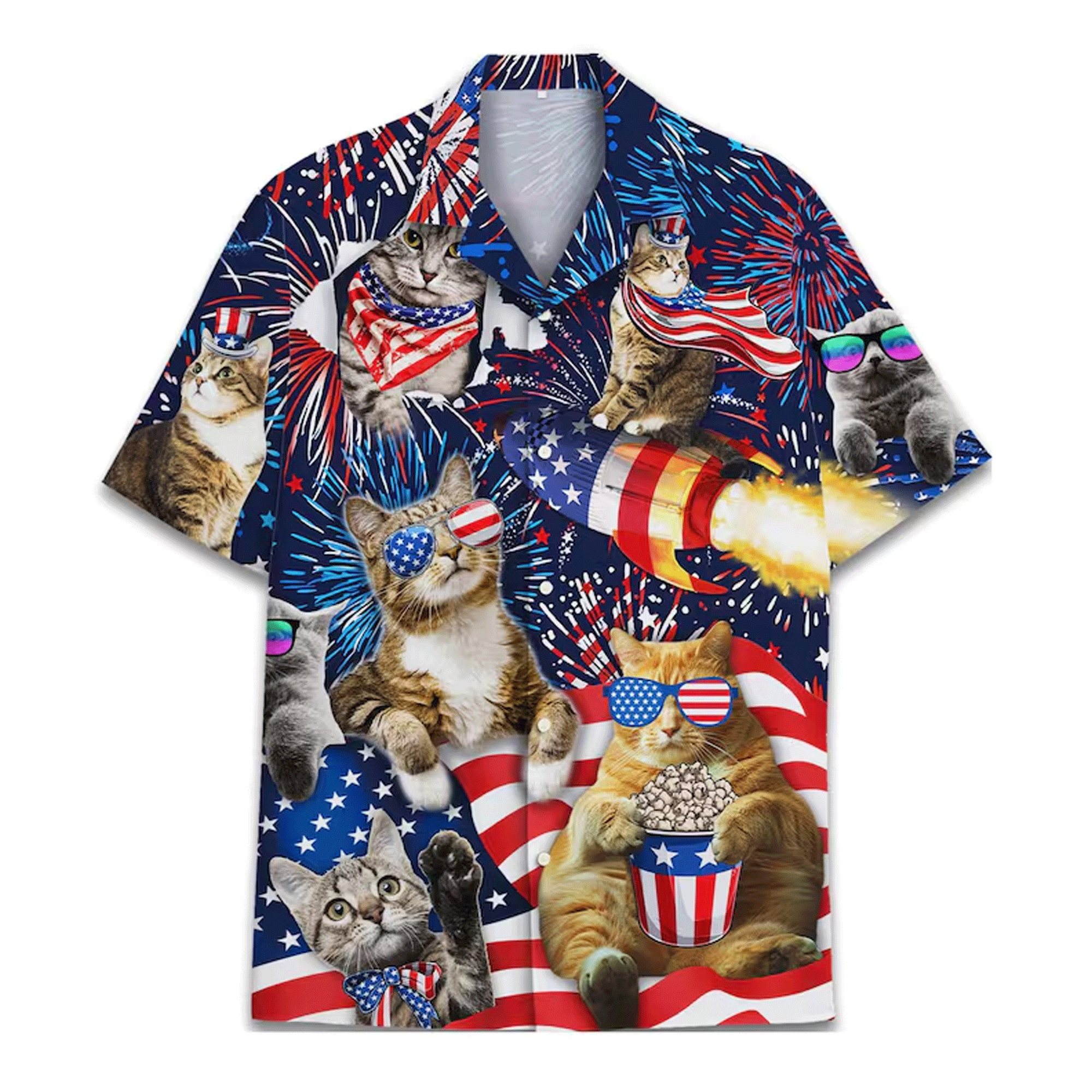 Funny Cat American Flag Hawaiian Shirt  Patriotic 4th of July Aloha Button Down That Gets Compliments