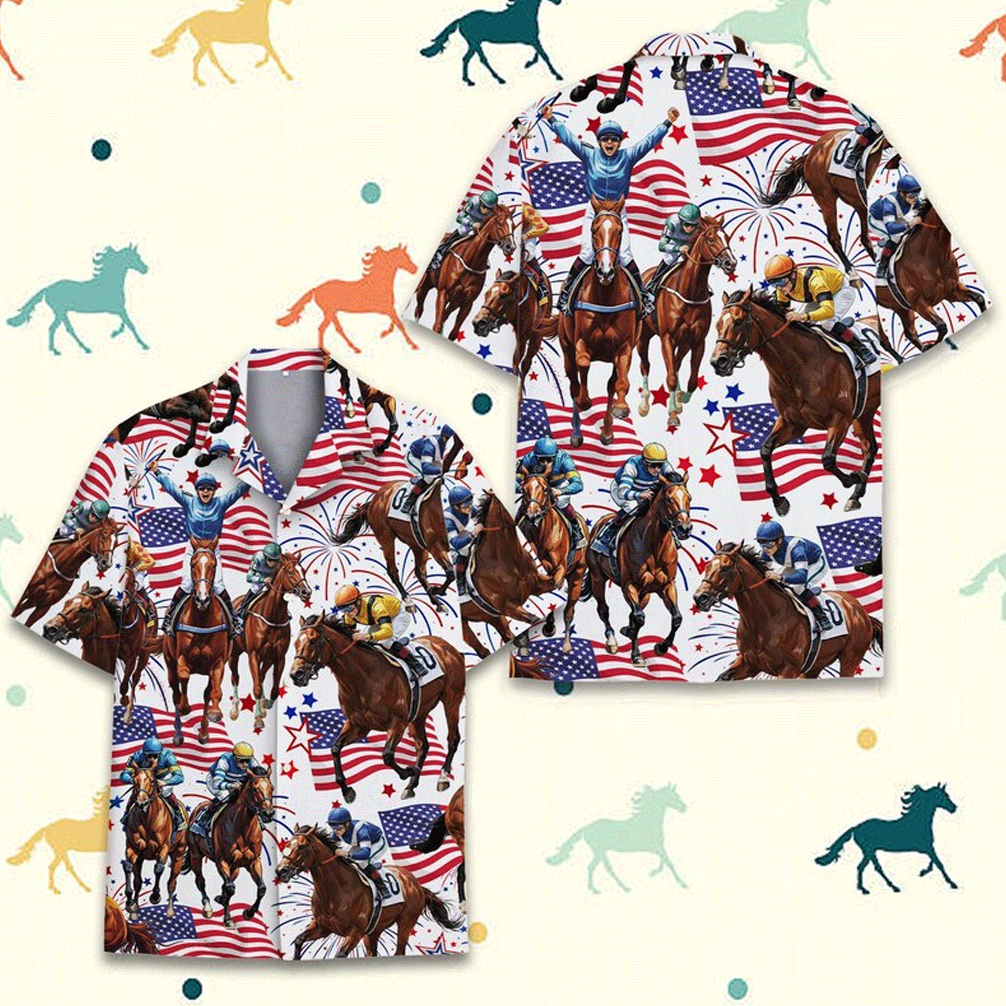 Horse Racing Hawaiian Shirt  Patriotic USA Flag Jockey Aloha Button Down Derby Outfit That Stands Out