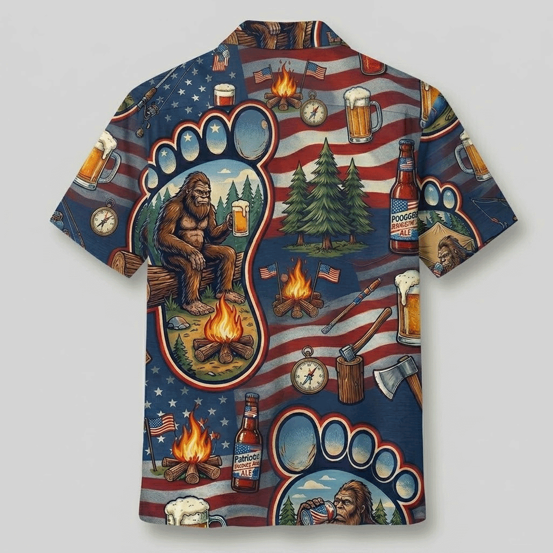 Funny Bigfoot Beer Hawaiian Shirt American Flag Aloha Button Down Camping Outfit That Gets Laughs