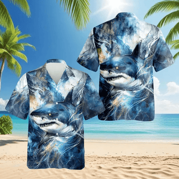 Blue Shark Hawaiian Shirt Ocean Shark Aloha Shirt Marine Life Button Down, Summer Beach Outfit S–5XL