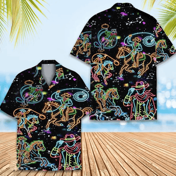 Neon Cowboy Hawaiian Shirt  Western Rodeo Aloha Button Down Festival Party Outfit That Stands Out