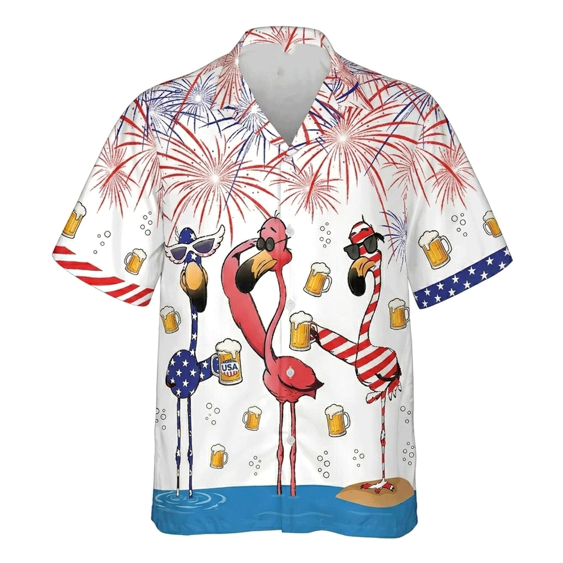 Funny Flamingo Beer Hawaiian Shirt Patriotic 4th of July Aloha Button Down That Gets Compliments