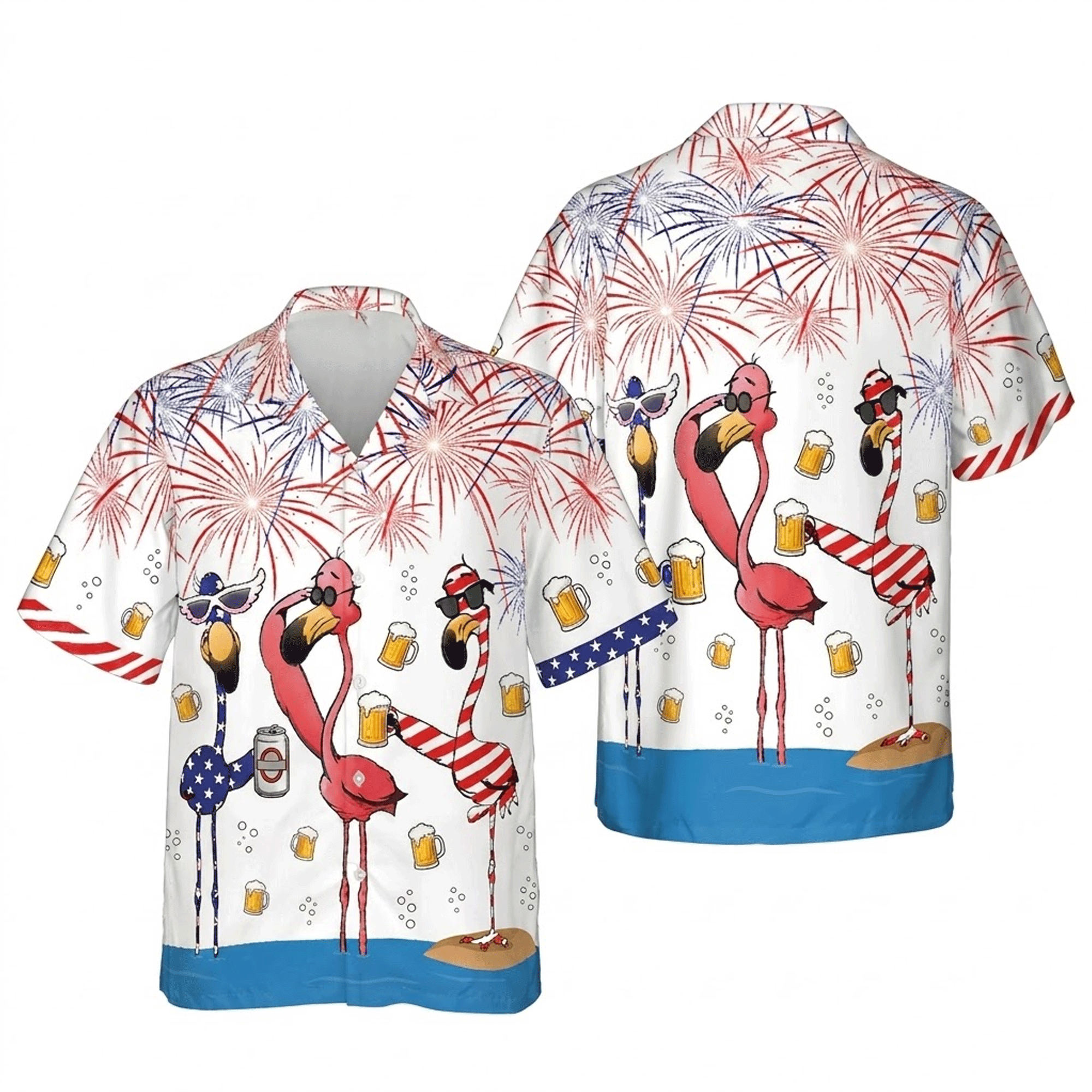 Funny Flamingo Beer Hawaiian Shirt Patriotic 4th of July Aloha Button Down That Gets Compliments