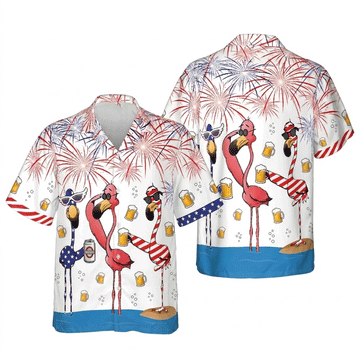 Funny Flamingo Beer Hawaiian Shirt Patriotic 4th of July Aloha Button Down That Gets Compliments