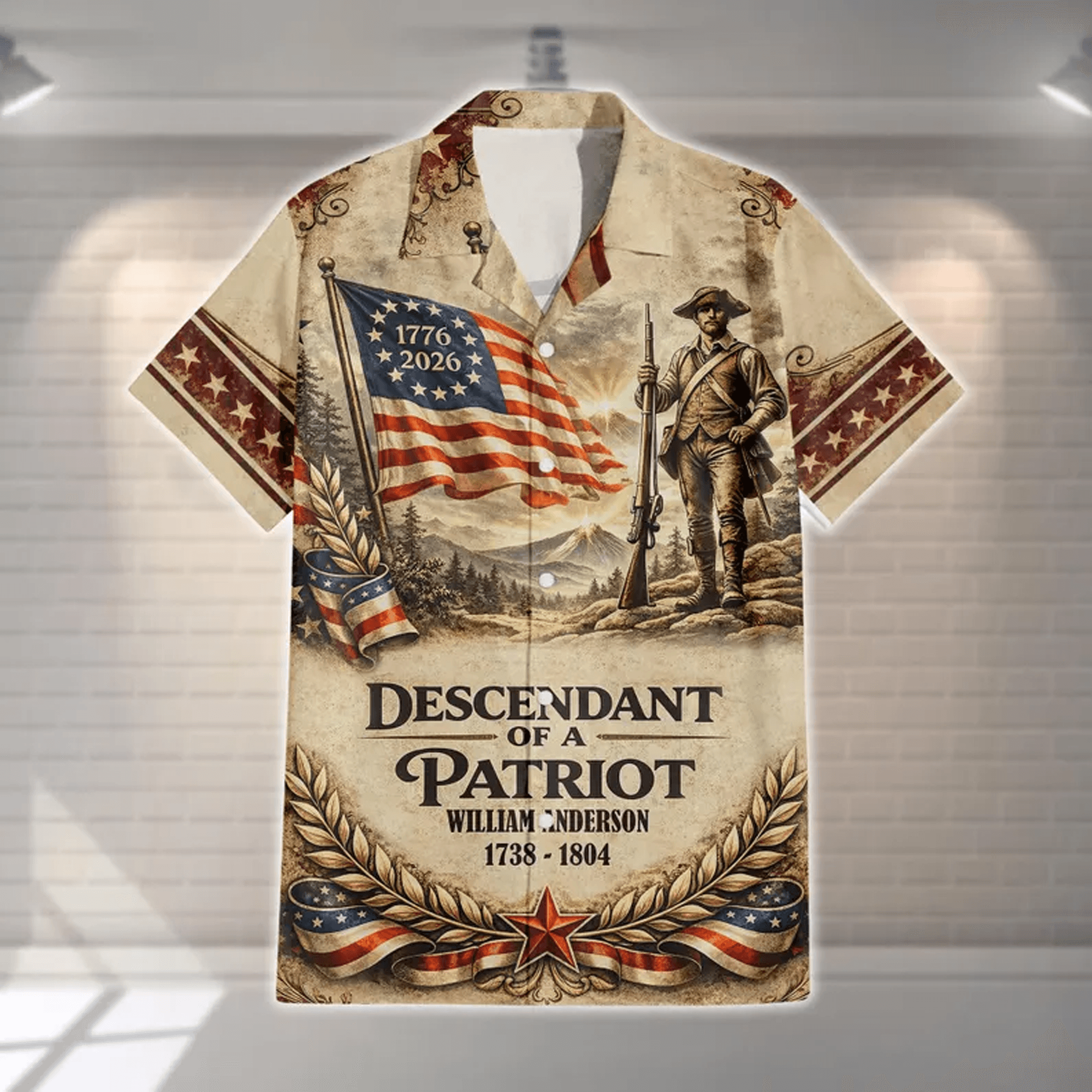 Personalized USA 250th Anniversary Hawaiian Shirt  Custom Descendant of Patriot 4th of July Aloha Shirt