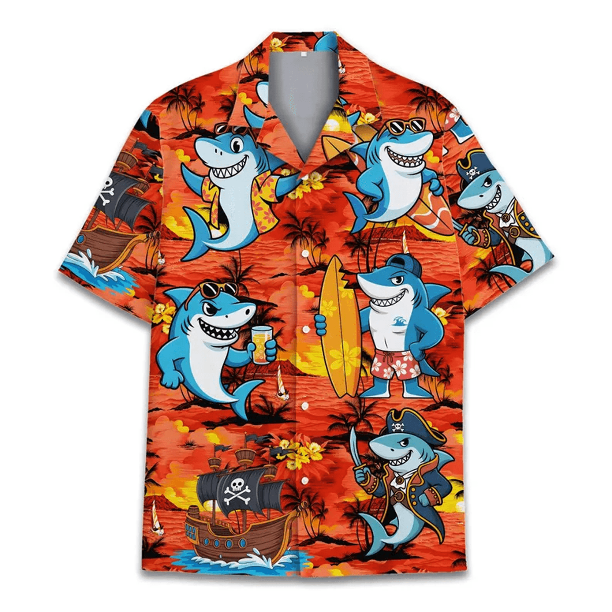 Surfing Shark Hawaiian Shirt  Funny Pirate Shark Aloha Shirt Beach Vacation Button Up for Men Women Youth