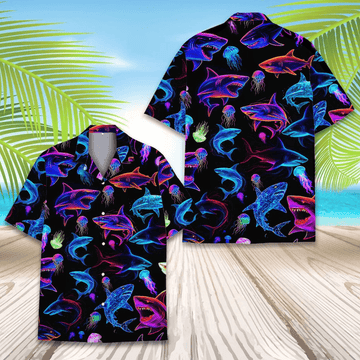Neon Shark Hawaiian Shirt Cyberpunk Glow Aloha Button Up Festival Rave Beach Shirt That Stands Out