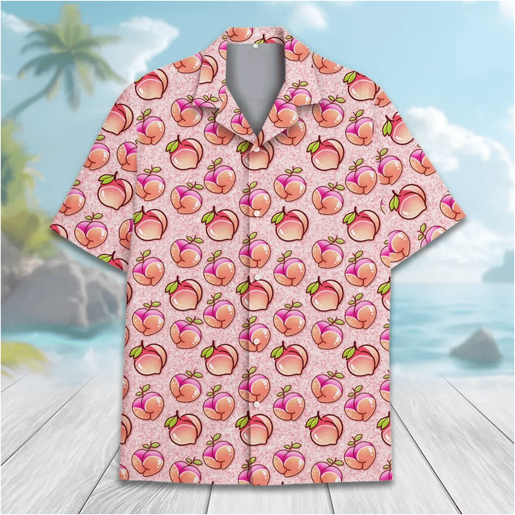 Pink Peach Hawaiian Shirt  Funny Peach Fruit Aloha Shirt Cute Summer Button Up for Adults & Youth