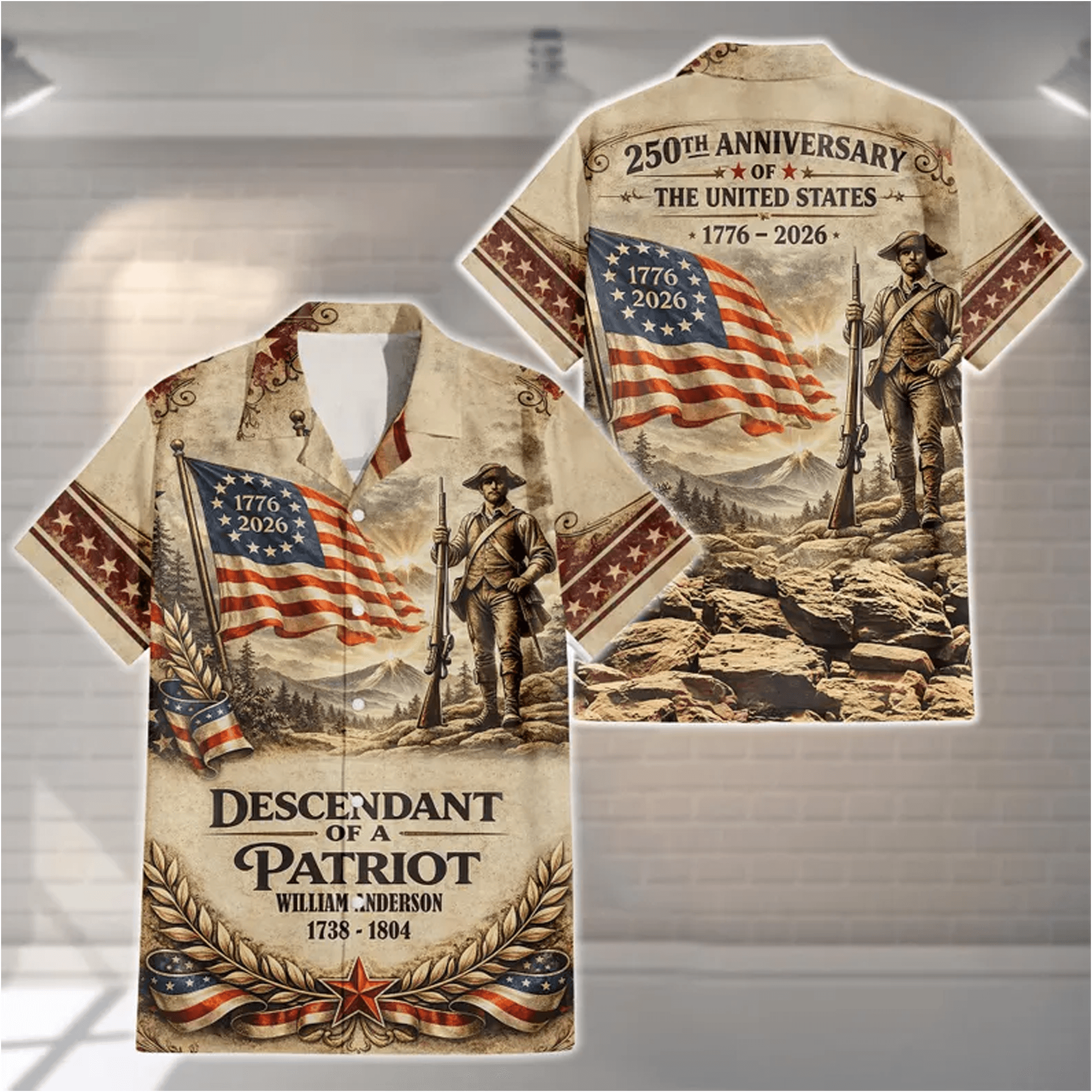 Personalized USA 250th Anniversary Hawaiian Shirt  Custom Descendant of Patriot 4th of July Aloha Shirt