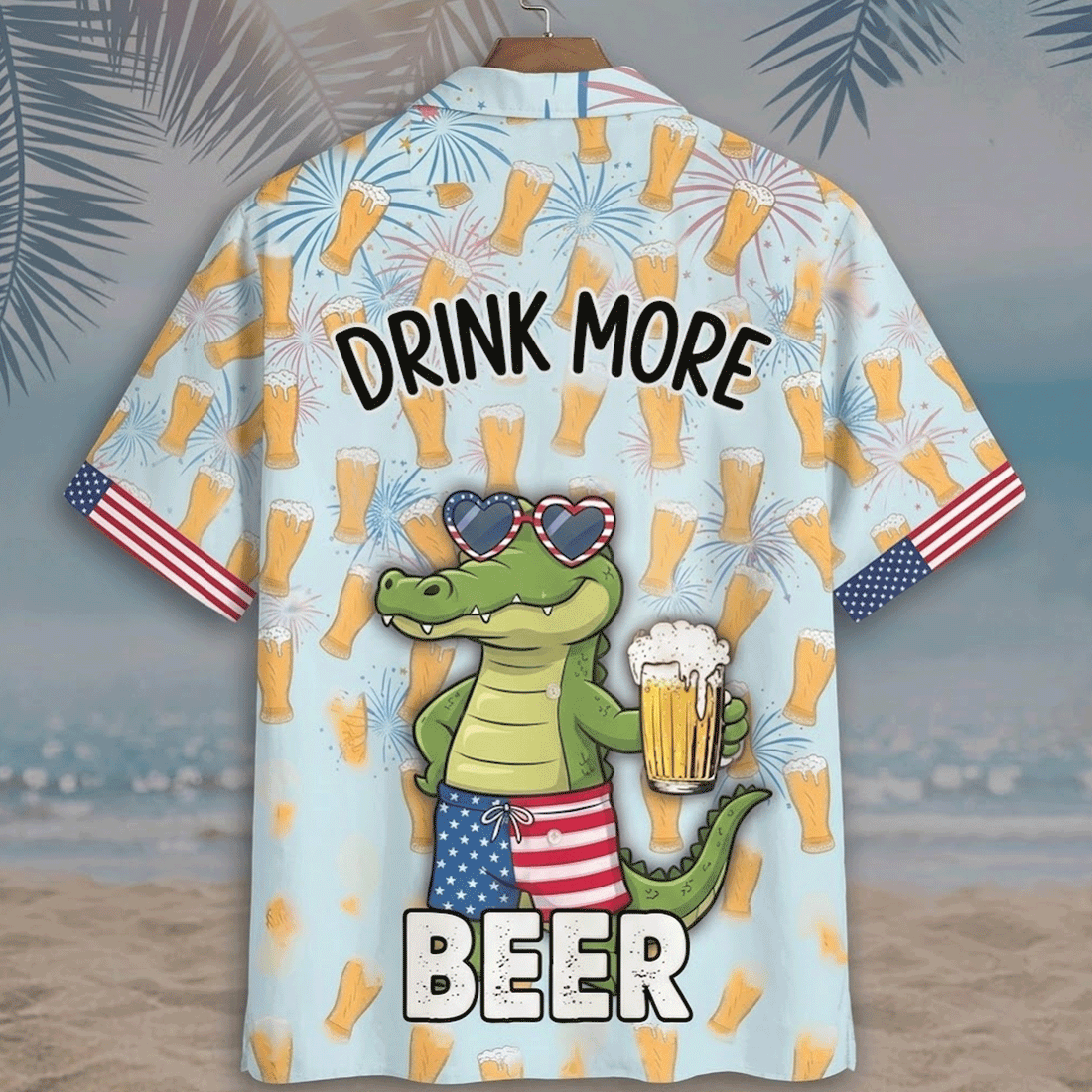 Drink More Beer Alligator Hawaiian Shirt  Funny 4th of July Aloha Button Down That Gets Laughs