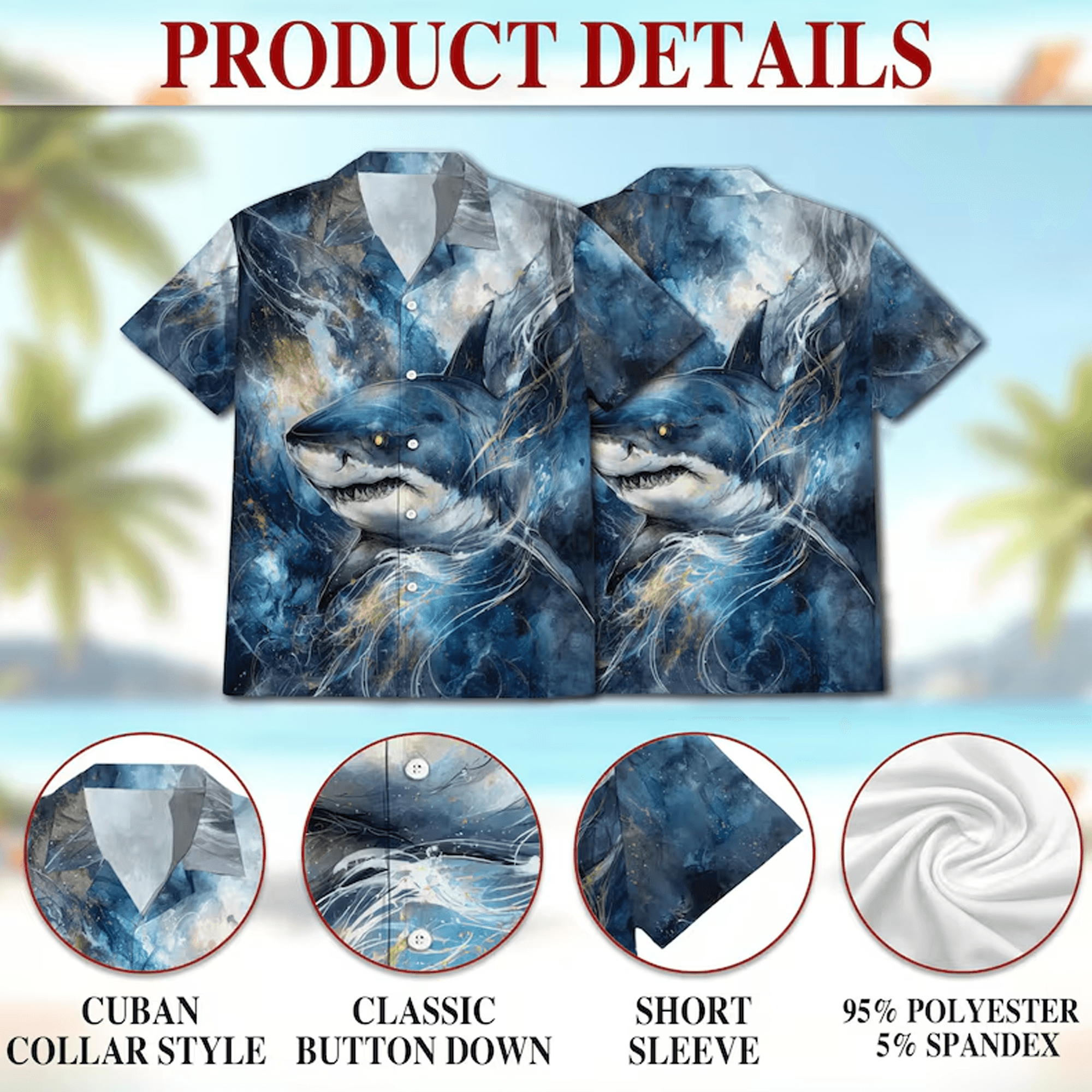 Blue Shark Hawaiian Shirt Ocean Shark Aloha Shirt Marine Life Button Down, Summer Beach Outfit S–5XL