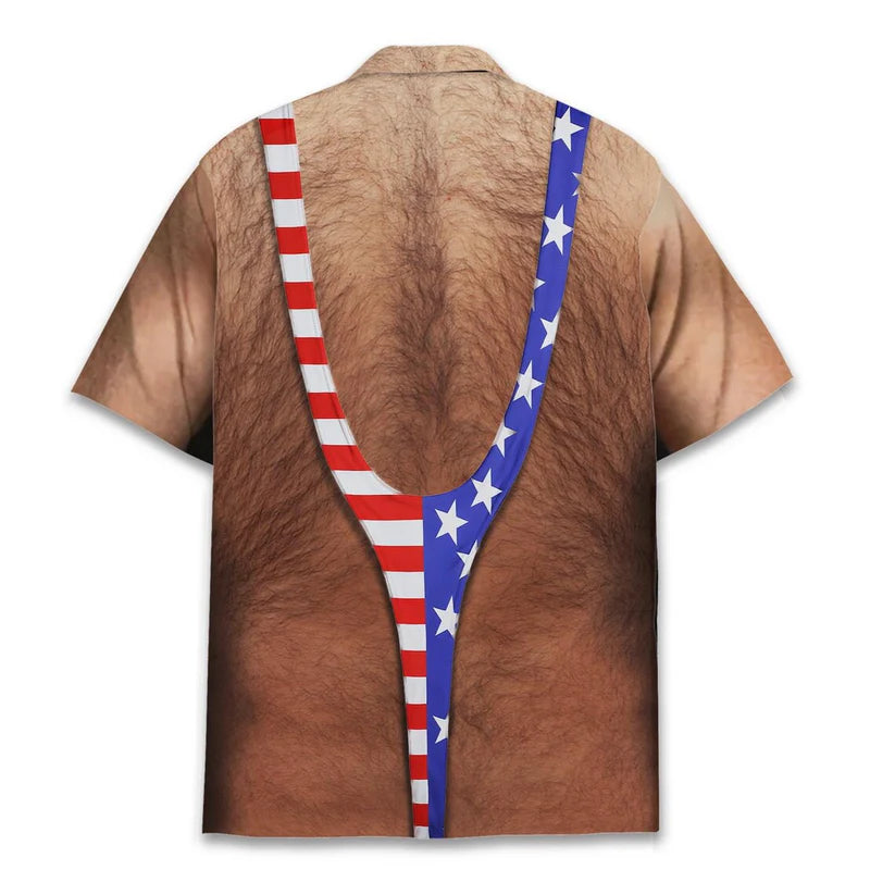 American Flag Funny Hawaiian Shirt for Men, Patriotic Chest Hair Illusion Aloha Shirt, 4th of July Button-Up, Independence Day Party Outfit