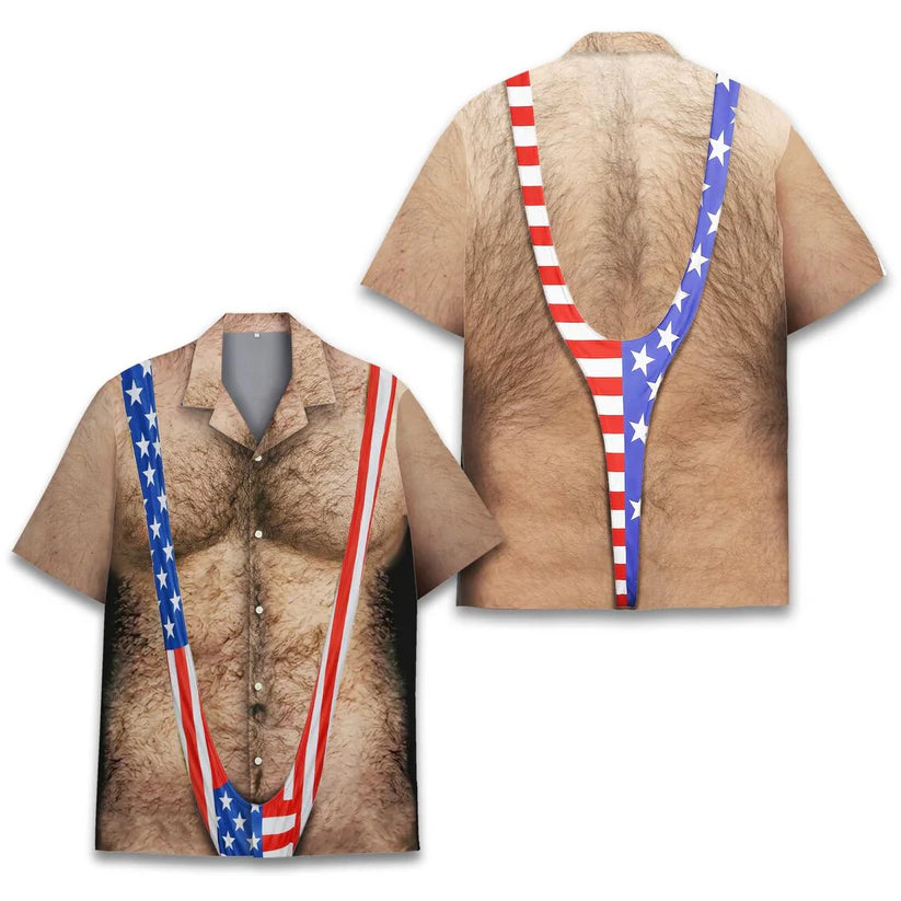 American Flag Funny Hawaiian Shirt for Men, Patriotic Chest Hair Illusion Aloha Shirt, 4th of July Button-Up, Independence Day Party Outfit